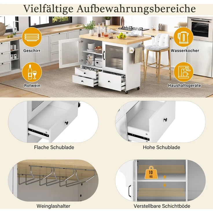 Merax Kücheninsel mit Rollen und ausziehbarem Esstisch, Küchenwagen mit Weinglashalter und Stauraum, Ideal für Küche und Esszimmer (Weiß) – Bild 7