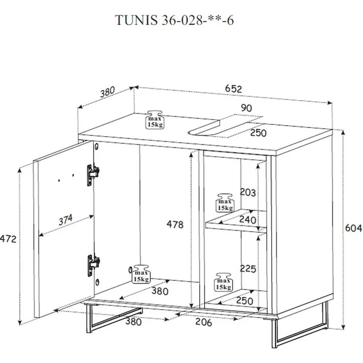 Waschbeckenunterschrank >Tunis< 1 Tür, 2 Fächer, grau matt / sonoma eiche - 65x61x38cm (BxHxT) – Bild 6