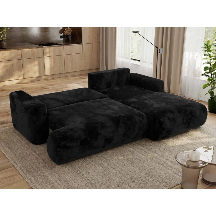 Ecksofa OVO mit schlaffunktion und bettkasten, Wellenfeder, lose Kissen, L-form 271x195 cm - Schwarz Plüsch - rechte Seite – Bild 3