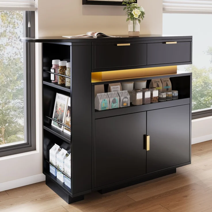 Merax Ausziehbarer Bartisch (115-183 × 40 × 99 cm), ausziehbare Kücheninsel, Bartisch mit Stauraum, LED‑Beleuchtung, 360° Drehfunktion, mobile Kaffeebar, geeignet für Küche und Esszimmer, Schwarz – Bild 2