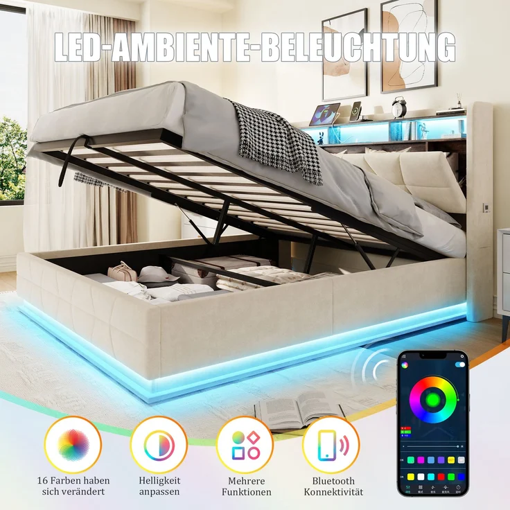 LVHOM Doppelbett 140x200cm mit LED&USB, Polsterbett mit hydraulischem Stauraum, Samtstoff, Beige – Bild 5