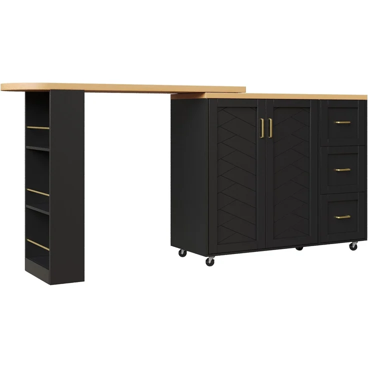 Merax Verlängerbarer Barwagen mit 2 Türen & 3 Schubladen (135-228 x 39 x 104 cm), rollbar, Bartisch in Schwarz, Arbeitsplatte in Holzoptik – Bild 9