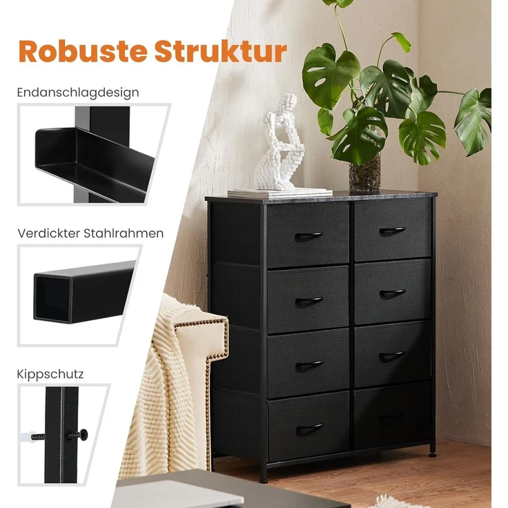 Sweetcrispy Kommode,Sideboard Wohnzimmer für Schlafzimmer mit 8 Stoffschubladen,Einstellbare Füße Schubladenschrank,Komodenschrank für Schlafzimmer,Klassisch Schwarz – Bild 7