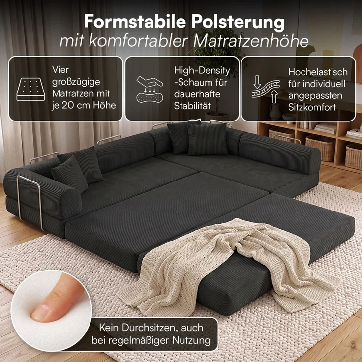skølm 'Lofn' Modulares Sofa 4 Sitzer, 300x200 cm, Vollschaumcouch mit Metallgestell, Cord schwarz, Schlafsofa vakuumverpackt, kein Aufbau erforderlich – Bild 2