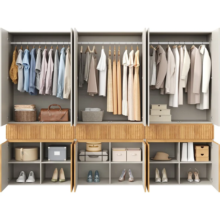 Kleiderschrank 270 x 50 x 200 cm aus MDF und Spanplatte, mit 12 Drehtüren, 3 Schubladen und 3 Kleiderstangen – Bild 7