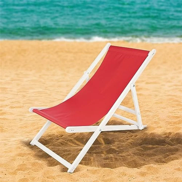 Melko Klappbarer Strandstuhl aus Holz Weiß, verstellbare Rückenlehne, gepolsterte Liegefläche, rot – Bild 2