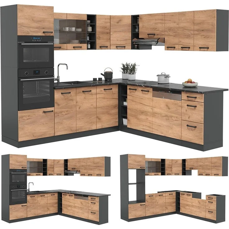 Eckküche R-Line Anthrazit/Goldkraft Eiche 247 x 237 cm, AP Marmor Vicco – Bild 6