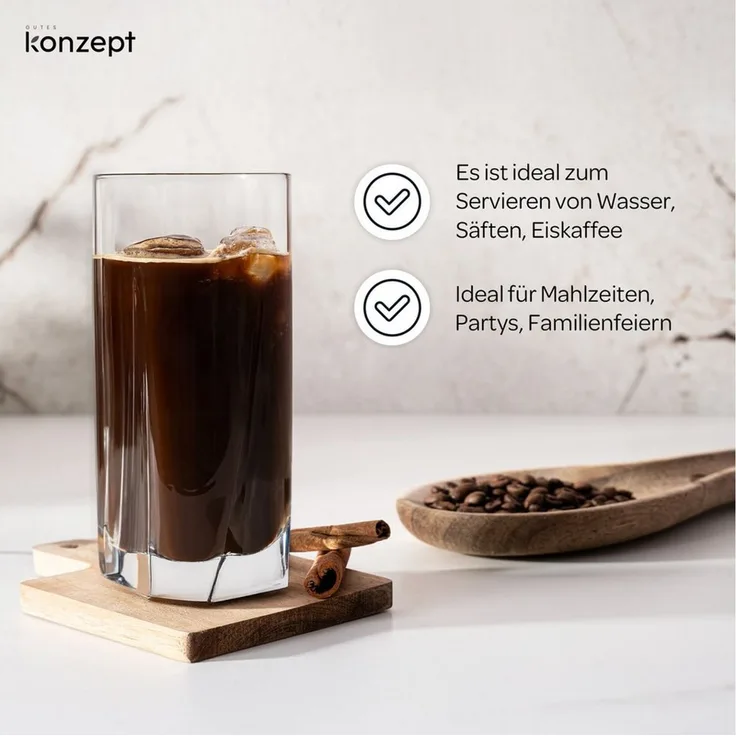 KONZEPT Gläser-Set 6 teilig/12 teilig, Longdrinkgläser, groß-280ml, 6-tlg, sicheres,Klares Glas ohne Mängel, Robust und langlebig