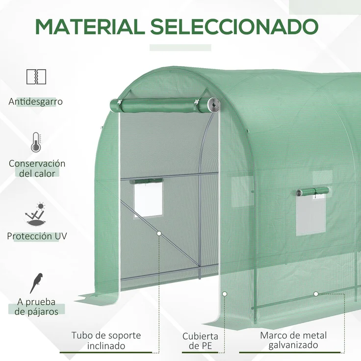 MELAYR, Tunnelgewächshaus 500x200x205 cm, Gartengewächshaus mit Rolltor und 8 Fenstern, PE-Abdeckung 140 g/m², Grün – Bild 6