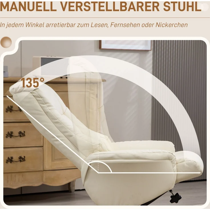 HOMCOM Relaxsessel mit Hocker, Kunstleder, Holz, Cremeweiß, 71L x 84B x 102H cm – Bild 4