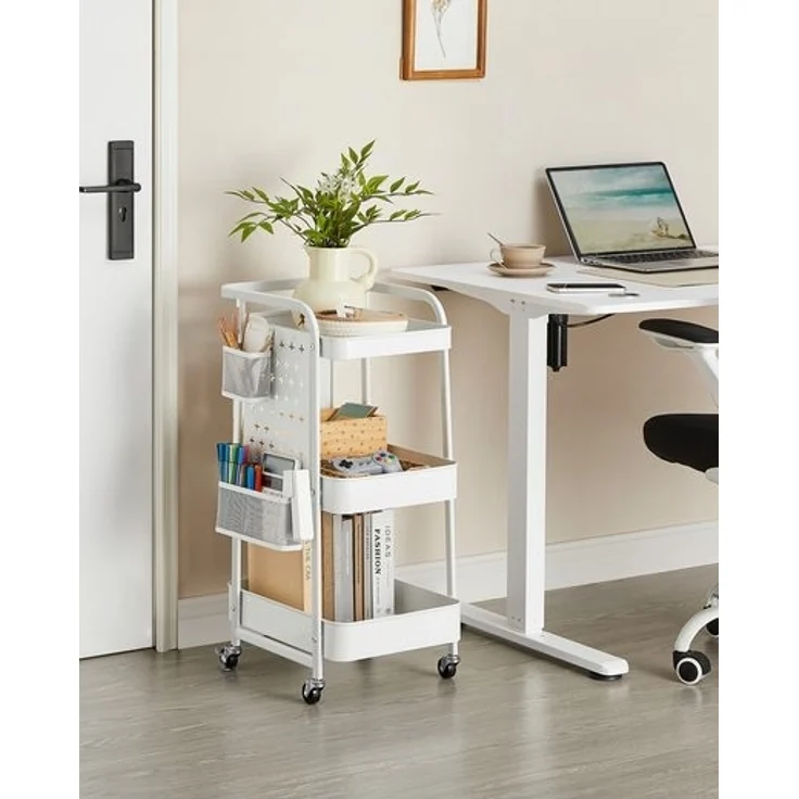 SONGMICS Rollwagen, Küchenwagen, 3 Metallgitterablagen, Servierwagen, 2 abnehmbare Lochplatten, 2 Hängekörbe, 4 Haken, für Büro, Küche, Wohnzimmer, Badezimmer – Bild 2