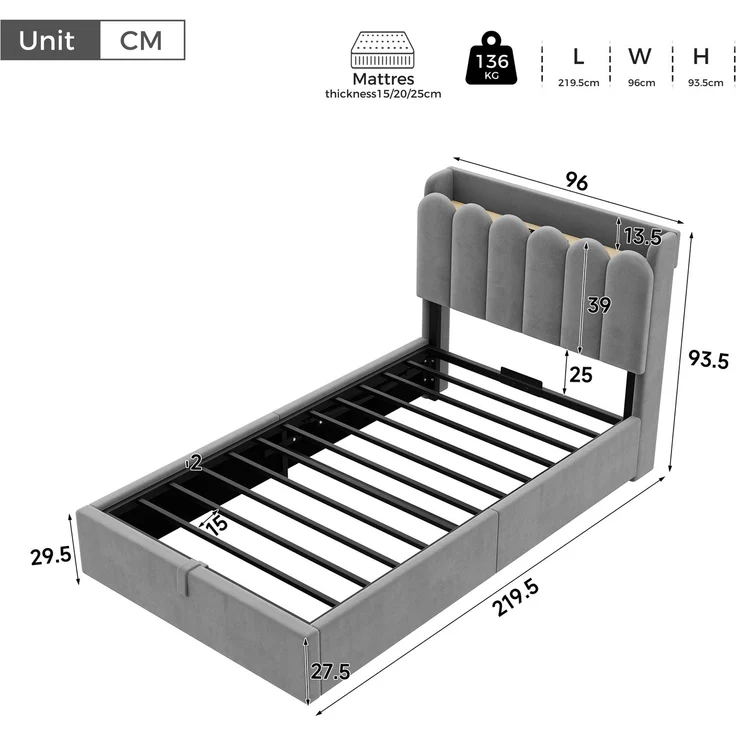Polsterbett, Einzelbett, Kinderbett 90 x 200cm, hydraulisches Funktionsbett, Bett mit Lattenrost, gepolstertes Kopfteil, großem Stauraum und USB& Type-C-Ladestation und Leselampe, samt, grau – Bild 4