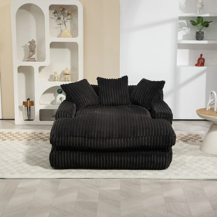 Chaiselongue Cord Sessel Indoor 125x155 cm Lounge-Sofa Relax-Sessel mit Kissen für Wohnzimmer Schlafzimmer,schwarz – Bild 2