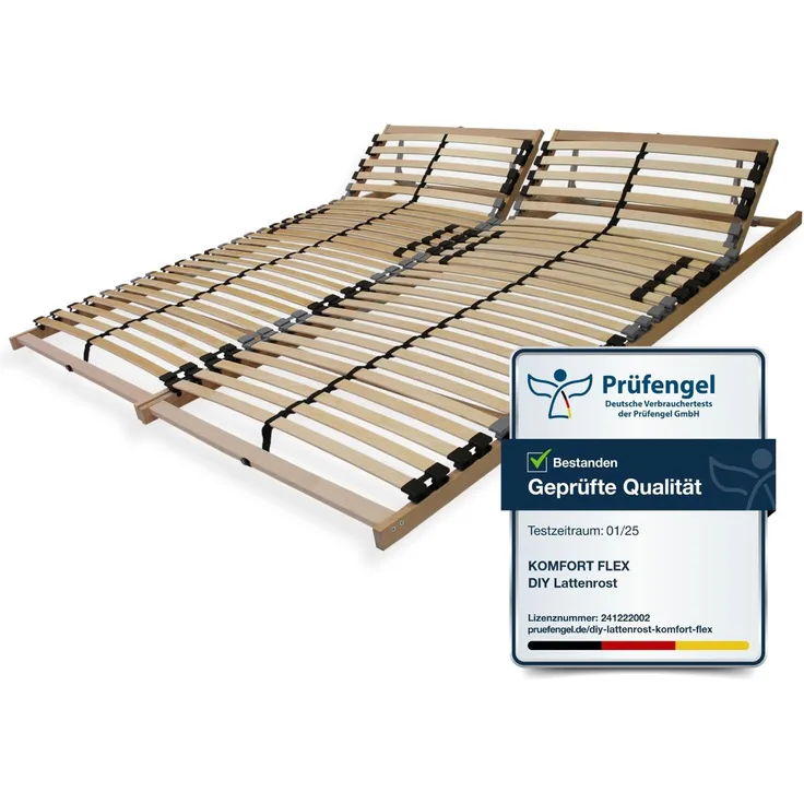 7 Zonen Lattenrost 200x200 mit verstellbarem Kopfteil - Ergonomischer Lattenrost 7 Zonen und stabilem Buchenholzrahmen, 28 flexible Federholzleisten, 2 x Lattenrost 100x200, MADE IN GERMANY, Traglast ca. 150Kg