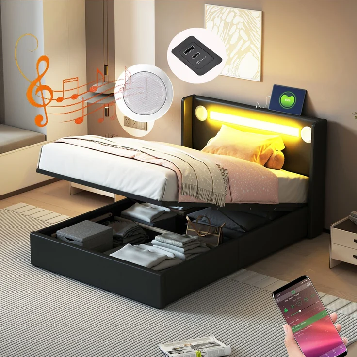 Polsterbett Kinderbett 90x200 Bett mit LED-Lichtleiste, Bluetooth-Player und USB-Aufladung, PU-Leder-Aufbewahrungsbett, Hochbettkasten, Jugendbett mit Lattenrost – Bild 7