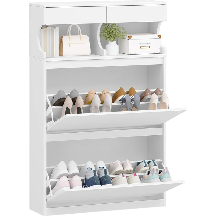 Schuhschrank mit 2 Klappen, Schuhregal Schuhkipper Schmal, 4 Fächern, Verstellbar, 16 Paar, Schuhaufbewahrung für Eingang, Flur, Garderobe, 80 x 24.5 x 124.5 cm Weiß – Bild 2