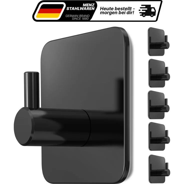Lindenstein Handtuchhaken 6er-Set Schwarz – Edelstahl V2A, selbstklebend mit 3M-Pads – Bild 1