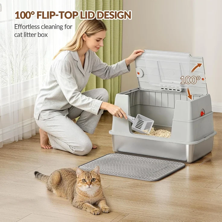 Edelstahl Katzenklo mit Deckel XL, 58 x 37 x 36,5 cm, Hellgrau, Geschlossene Metall Katzentoilette, 100° klappbarer Deckel, mit Streu-Siebmatte und Schaufel, Modulares Design – Bild 2