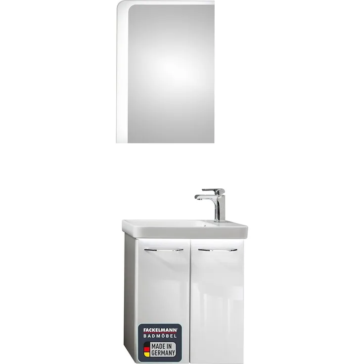 FACKELMANN MILANO Gäste WC Waschtisch Set mit Spiegel 55 cm breit, Weiß, Waschbecken Keramik Weiß + Waschbeckenbeleuchtung + Waschtischarmatur
