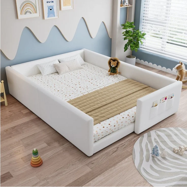 MODFU Polsterbett mit 3 praktischen Stautaschen, Kinderbett (modern-minimalistisches umrandetes Design, Jugendbett 140x200cm), Inklusive Matratze – Bild 5