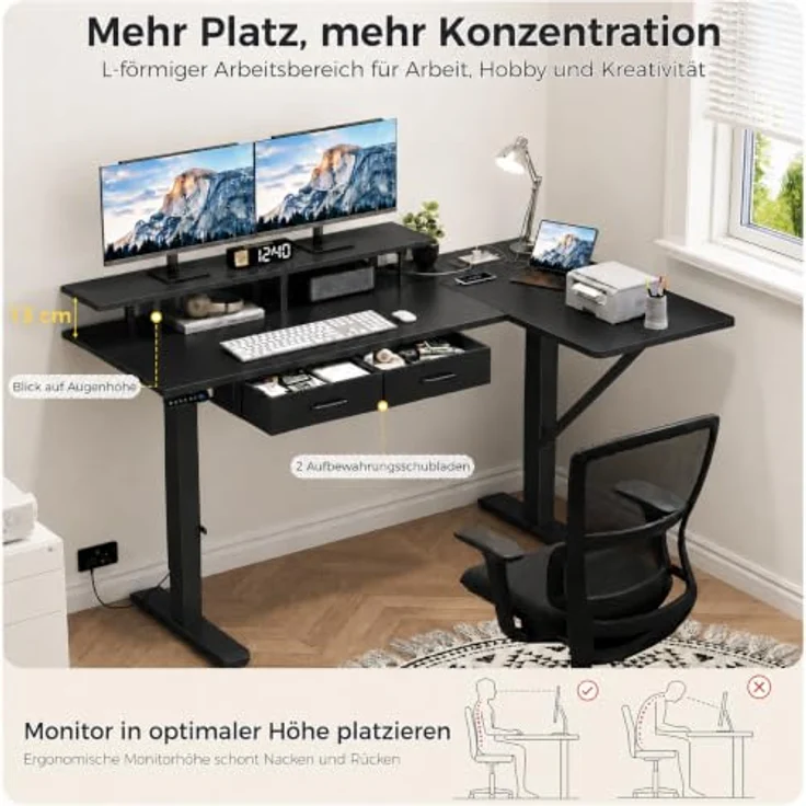 IRONCK Höhenverstellbarer Schreibtisch L Form, Elektrischer Eckschreibtisch | Computertisch 150x90cm mit Steckdose USB-C Anschlüsse, Homeoffice Tisch mit Schubladen Monitorständer 3 Speicherhöhen Schwarz – Bild 7