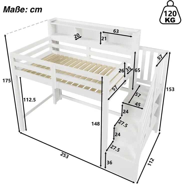 Hochbett mit RGB LED-Streifen, Stauraum, Lattenrost, Rausfallschutz und Regal, Treppe mit Regal, 90x200 cm, Kinderbett, Einzelbett, Kiefer – Bild 7
