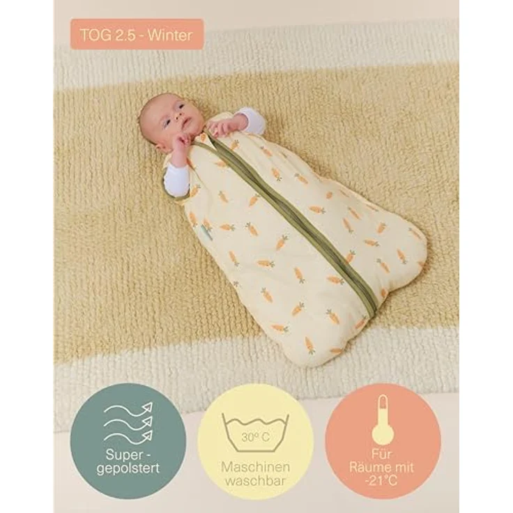 molis&co - Baby Schlafsack 2.5 TOG - Ganzjahres Schlafsack - Babyschlafsack Neugeborene - 100% Baumwolle (Oeko-TEX 100), ärmellos Winterschlafsack wattiert - Premium Qualität - Carrots (95 cm) – Bild 5