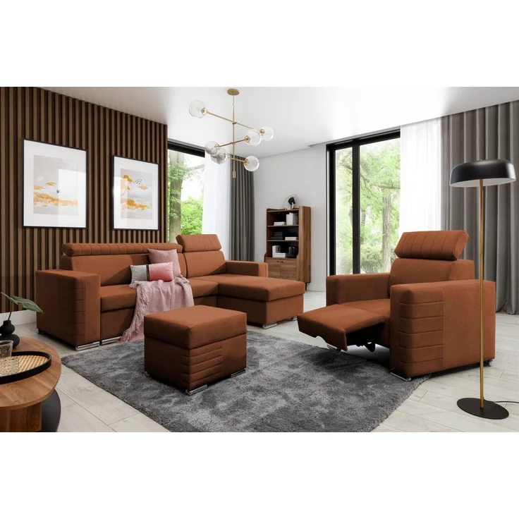 Ecksofa inkl. Hocker und Sessel CANTON Stoff Camelia Rostbraun Ottomane Rechts – Bild 1