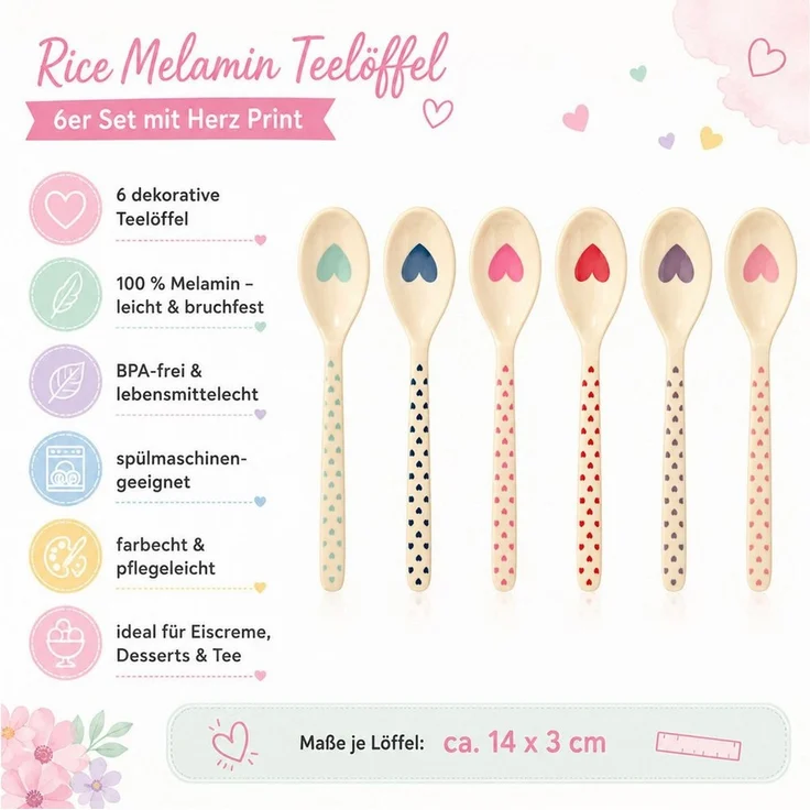 rice Teelöffel RICE Teelöffel Herz Print 6er Set Melamin bunt 14 cm (6 Stück), Herz Muster – Bild 3
