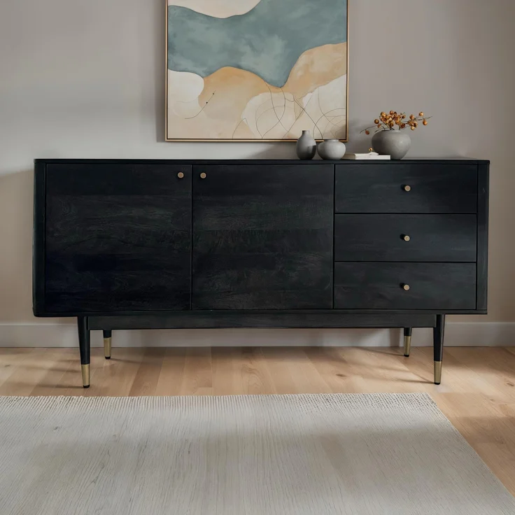 FineBuy Sideboard Akazie Massivholz 160 cm 2 Türen & 3 Schubladen - Massive Retro Kommode in Schwarz - Design Natur Anrichte - Handmade Industrial – Bild 1