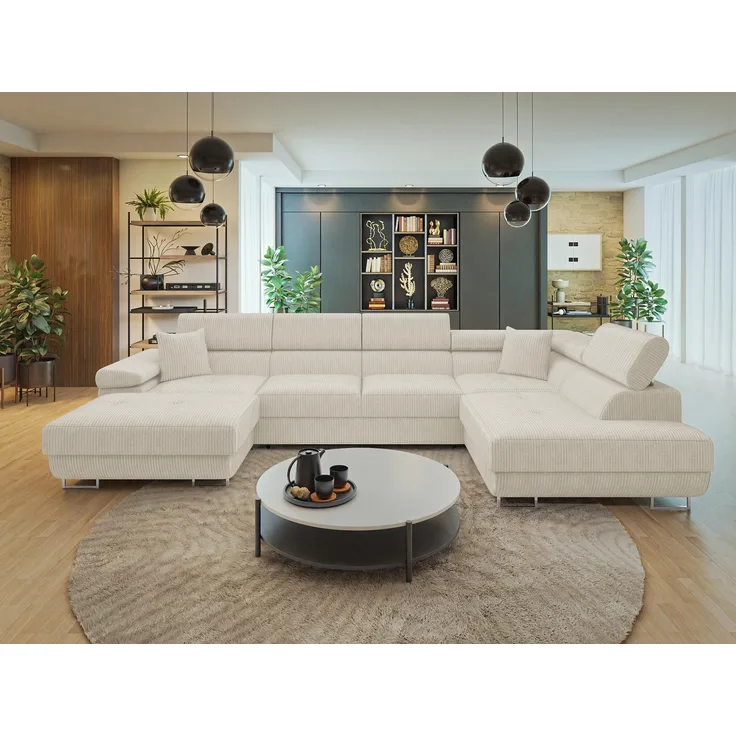 Ecksofa Torezio Bis Cord mit Bettkasten, Schlaffunktion und Einstellbare Kopfstützen (Farbe: Poso 100, Seite: Rechts)