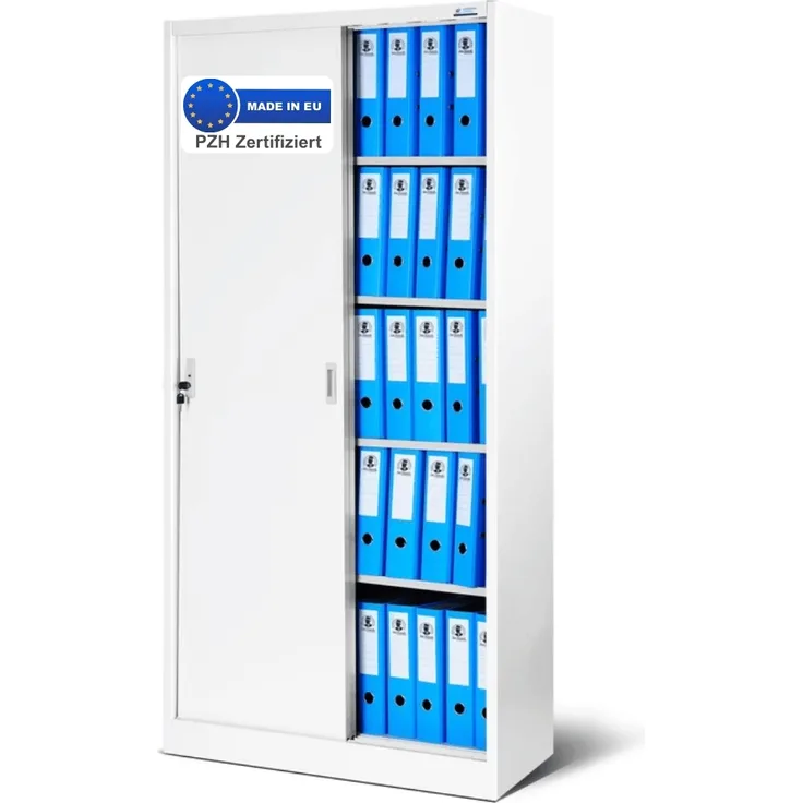 Aktenschrank abschließbar ROLF - Schiebetüren, 5 Ebenen | Büroschrank aus Stahl Metallschrank Werkstatt Mehrzweckschrank Werkzeugschrank, 185x90x40cm Weiß
