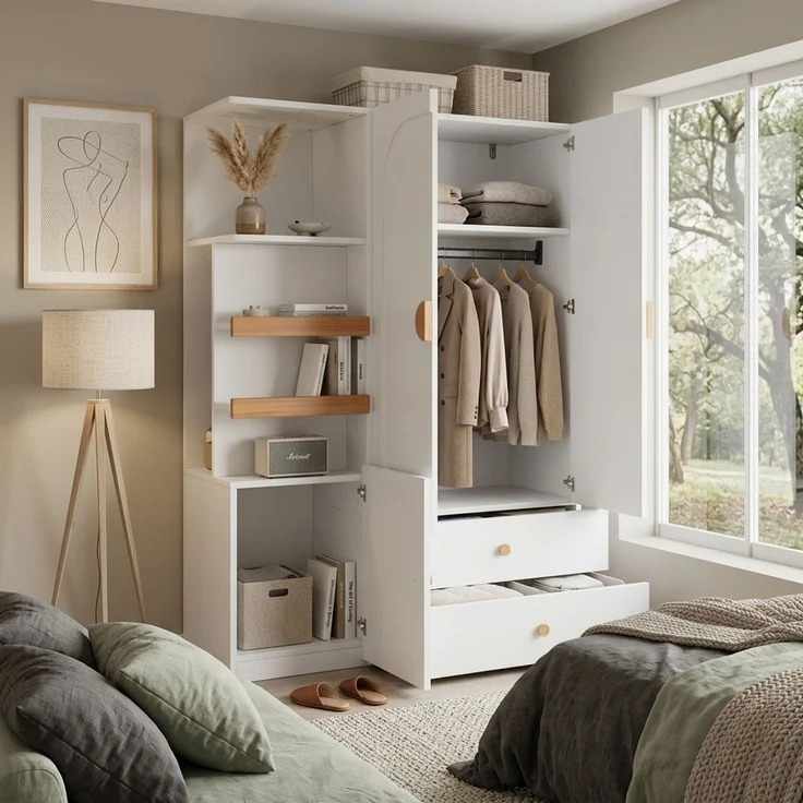 Merax Kleiderschrank mit Stauraum, Mehrzweckschrank in Weiß/Natur, Garderobenschrank mit Schubladen, Kleiderstange und offenen Regalfächern – Bild 5