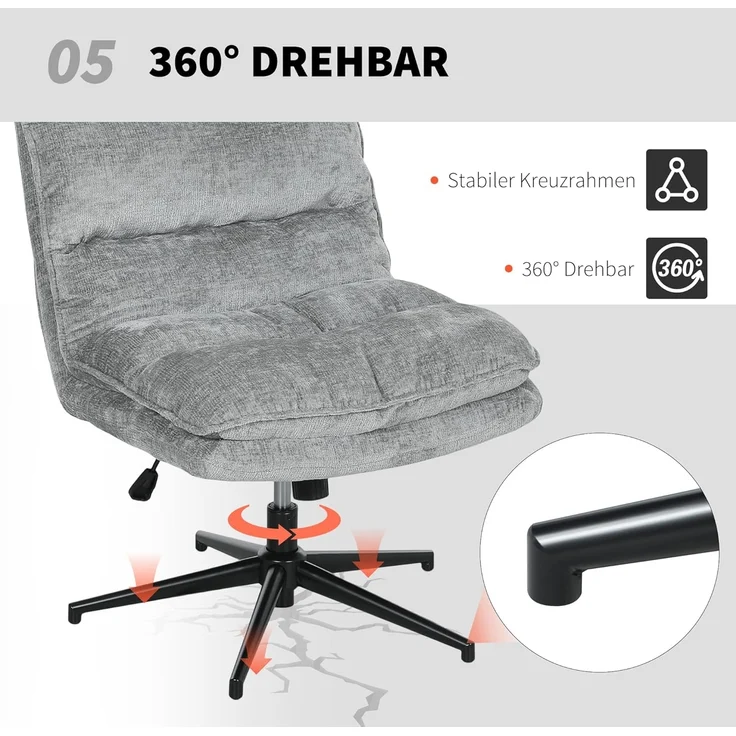 HOMCOM Bürostuhl mit breiterem doppelschichtigem Polster, Wippfunktion (gepolsterter Schreibtischstuhl ohne Armlehnen, 1 St), für Home Office Büro, Grau – Bild 8