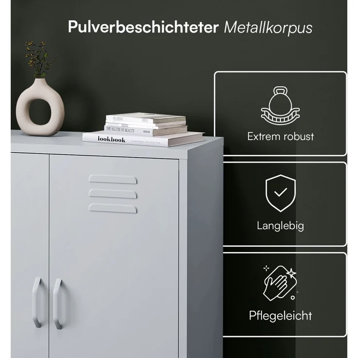 skølm 'Atria' Metallkommode, grau, 100x38x80 cm, Metallschrank mit 3 Fächern – Bild 4