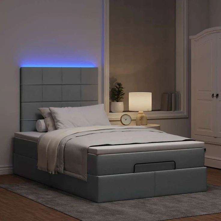 vidaXL Ottoman-Bett mit Matratze & LEDs Hellgrau 120x200 cm Stoff 3313996 – Bild 3
