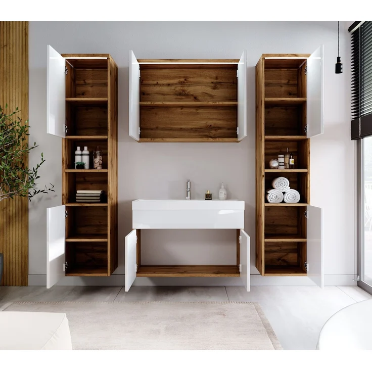 Badplaats Badmöbel Komplettset Paso XL LED 80x40 cm Eiche mit Weiß Hochglanz - Badezimmermöbel mit Waschbecken, Spiegelschrank und 2 Badezimmerschränke – Bild 4