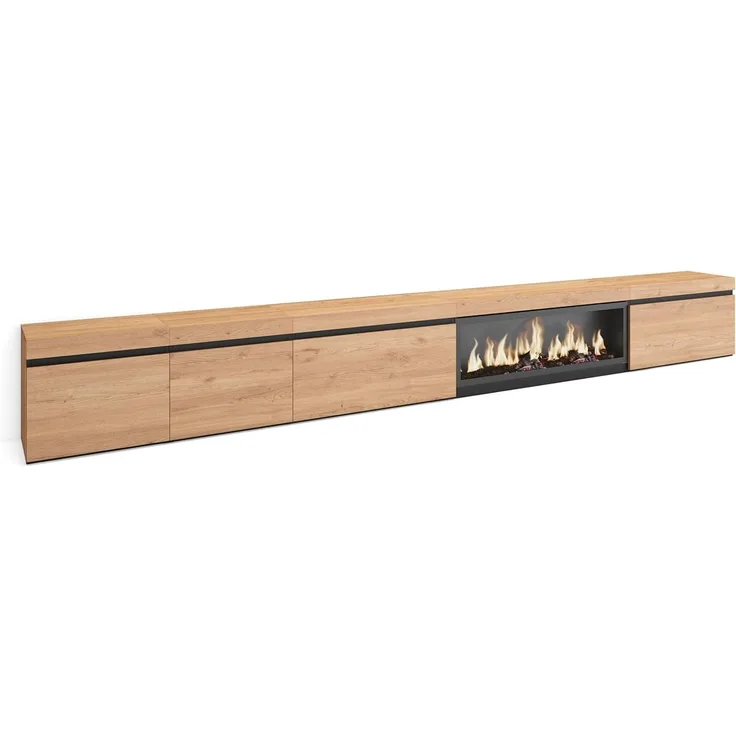 Skraut Home | TV-Schrank, Lowboard | für Wohnzimmer und Esszimmer | 368 x 45 x 35 | Elektrokamin XXL | Moderner Stil | Eiche