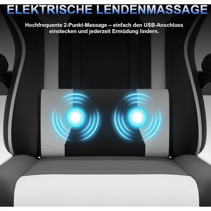 JUMMICO Gaming Stuhl mit Massagefunktion, Bürostuhl Ergonomisch 150kg, Gamer Stuhl mit 50 cm Extrabreites Sitzkissen, Weiß Schwarz – Bild 3