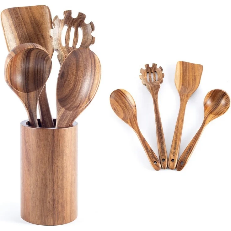 Hanseküche Küchenorganizer-Set Küchenhelfer Set, (Umfassendes Küchenset, 5-tlg, Holzlöffel und Nudelschöpfer, Grillzange, Schneebesen, Pfannenwender), Set aus Holz – Bild 1