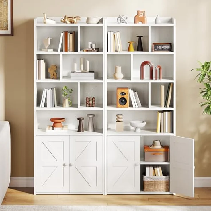 YITAHOME 4-stöckiges Bücherregal mit Türen und Schrank, freistehendes Bücherregal mit offenen Fächern für Zuhause, Büro, Wohnzimmer und Schlafzimmer, Weiß, 60 x 30 x 159 cm – Bild 6