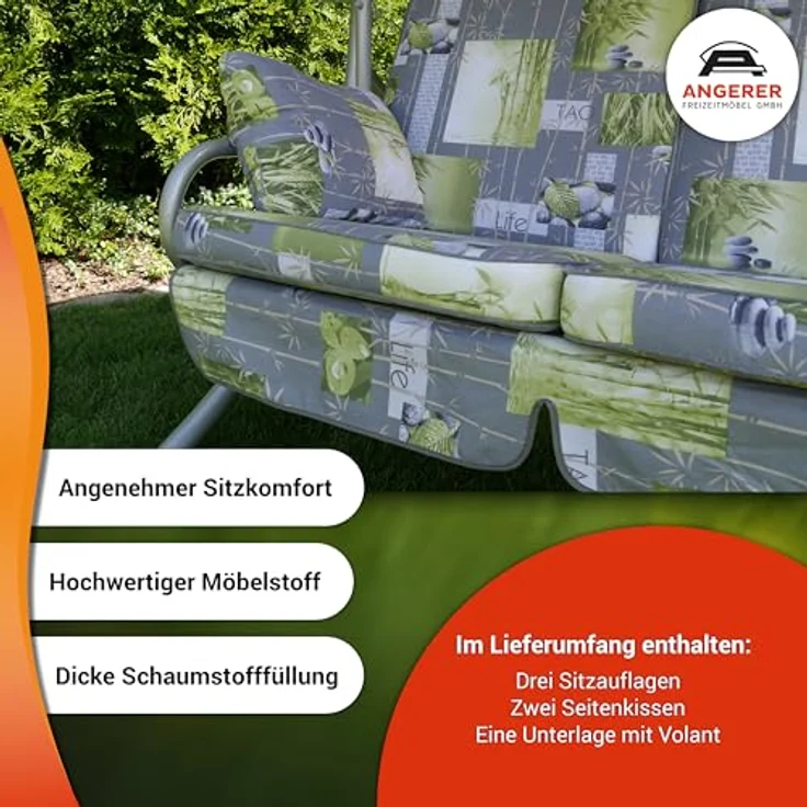 Angerer Freizeitmöbel GmbH Hollywoodschaukel Comfort - Gartenschaukel Made in Germany - Schaukel zum Sitzen, Liegen und Entspannen - inklusive Bett-Funktion - einfache Montage (Grün-Orange geblümt) – Bild 4