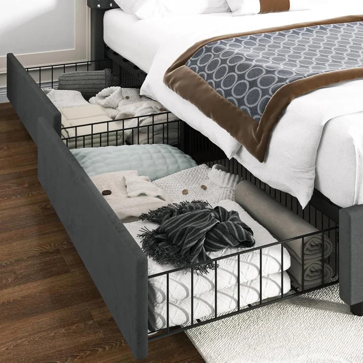 VECELO Polsterbett 140x200 cm Doppelbett mit 4 Schubladen und Höhenverstellbarem Kopfteil, Bettrahmen mit Lattenrost, Gepolstertes Bettgestell, Kein Boxspring erforderlich, Samt, Ohne Matratze, Grau – Bild 5
