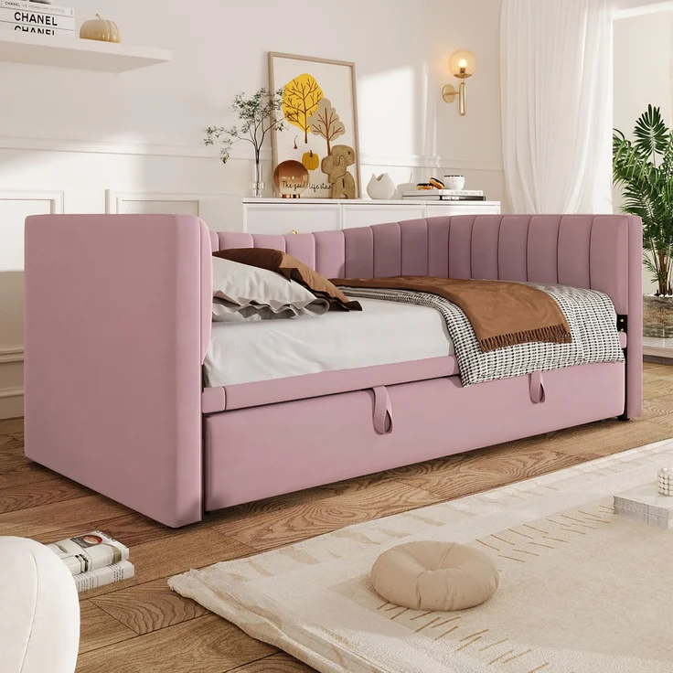 ZUBALIYA Tagesbett 90x200 / 180x200 cm, Bezug aus Samt, Außenmaße 215 x 196,5 x 75 cm, als Schlafplatz für Schlafzimmer und Gästezimmer, Rosa – Bild 2