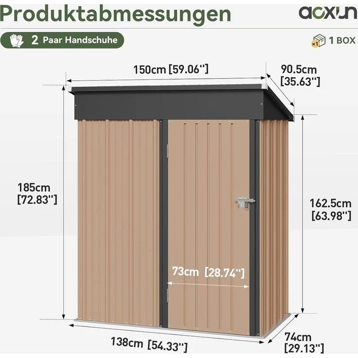 Aoxun Gerätehaus aus Metall, Maße 150x91x185cm, inklusive Bodenrahmen, Pultdach mit Belüftungslöchern, Tür mit Schloss, für Garten und Hof, Braun – Bild 6