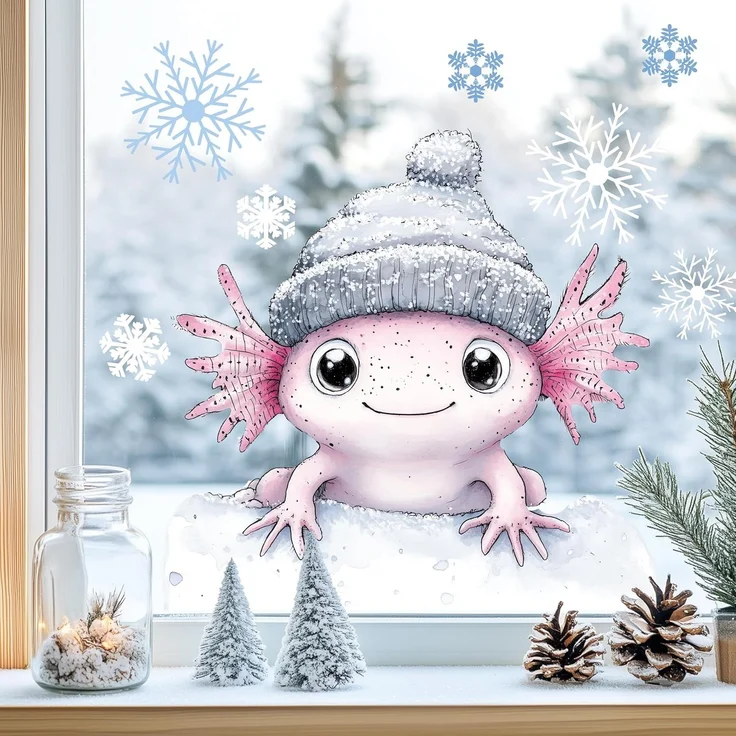 Sunnywall Fensterdekoration Kinderzimmer Fensterbild Winter Axolotl mit Mütze, wiederverwendbar, statisch haftend, beidseitiger Druck – Bild 1