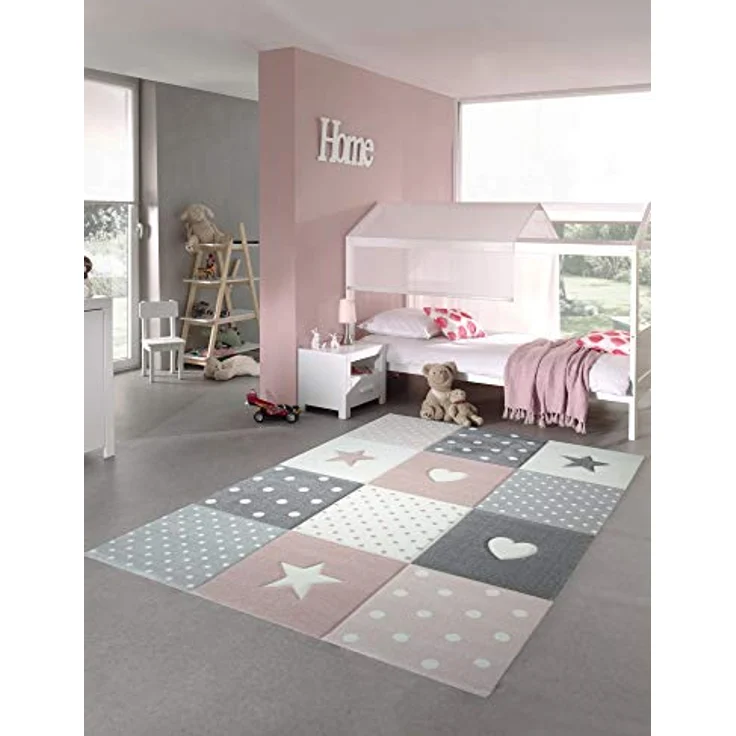 Carpetia Kinderteppich Kinderteppich Spielteppich Mädchen mit Herz Stern rosa creme grau, rechteckig – Bild 2
