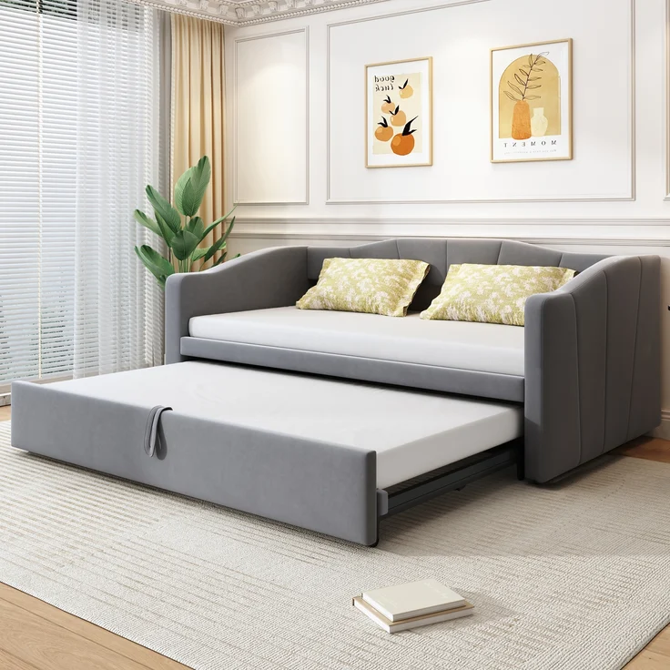 Polsterbett, Ausziehbares Schlafsofa 90/180 × 200 cm mit Lattenrosten, Multifunktionsbett aus hautfreundlichem Samtstoff, Samtstoff, Grau, 90/180 × 200 cm – Bild 2