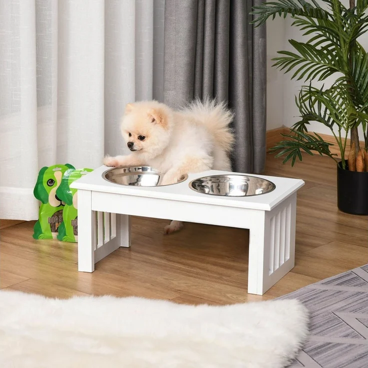 PawHut Futternapf mit 2 Schalen, 900 ml pro Napf, Edelstahl, mit Napfständer, für sehr kleine und kleine Hunde, Weiß – Bild 2