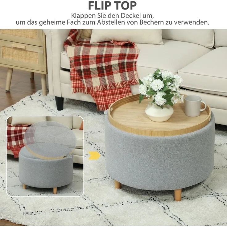 Polsterhocker aus Polyester mit Stauraum und umkehrbarem Deckel, 56x56x42 cm, Grau – Bild 6